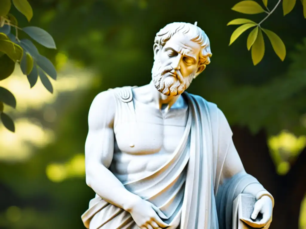 Estátua griega de filósofo en entorno sereno, transmite lecciones de filosofía estoica y vida sin estrés