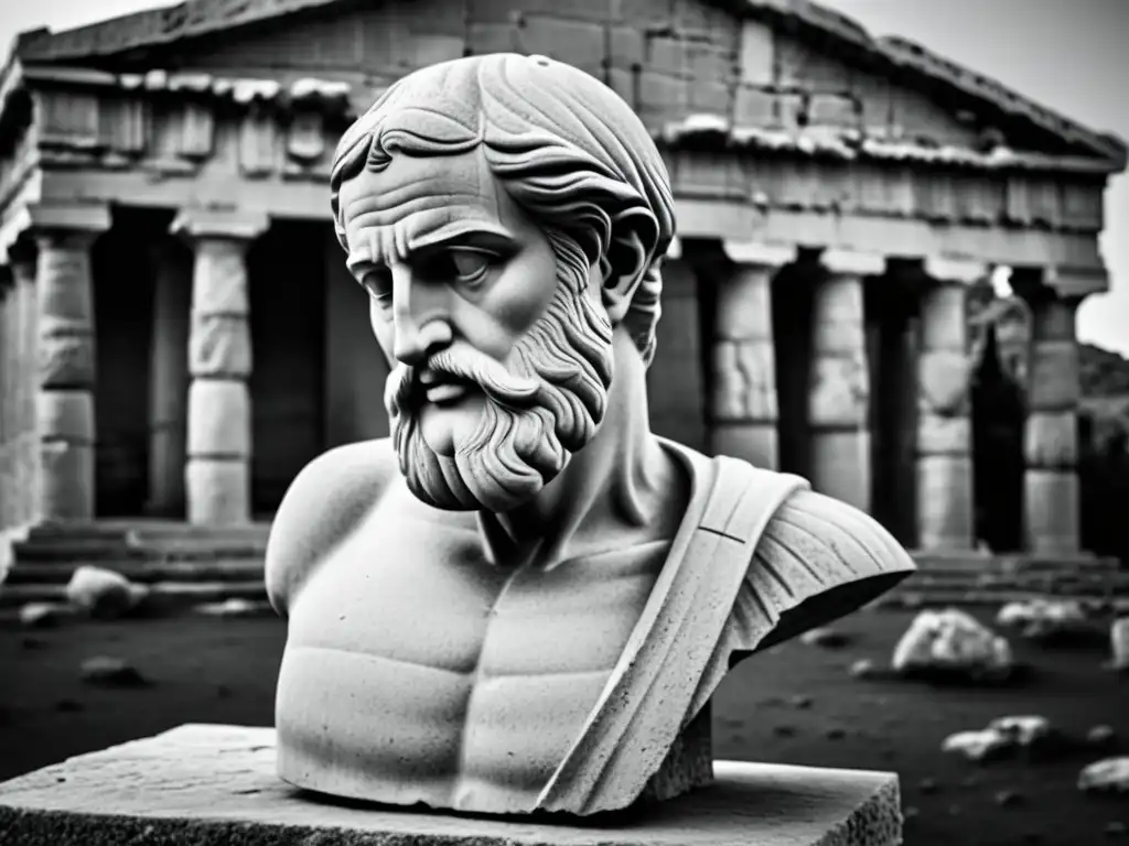 Estátua griega de filósofo con expresión estoica y ruinas antiguas, evocando la resiliencia de la filosofía antigua frente a adversidades