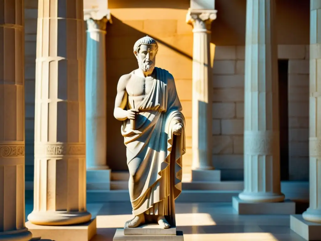 Una estatua griega de un filósofo estoico, imperturbable, con toga y pergamino, en un patio de mármol con columnas