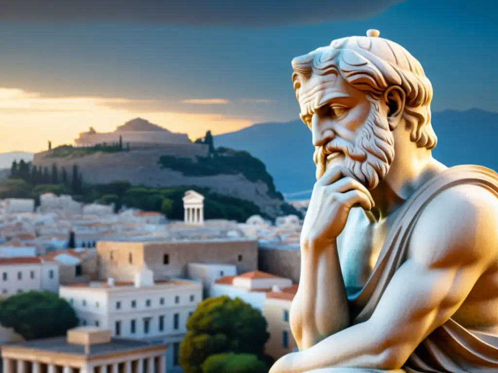 Estátua griega de filósofo reflexivo con ciudad dinámica al fondo, simbolizando la filosofía prepara para cambio inesperado