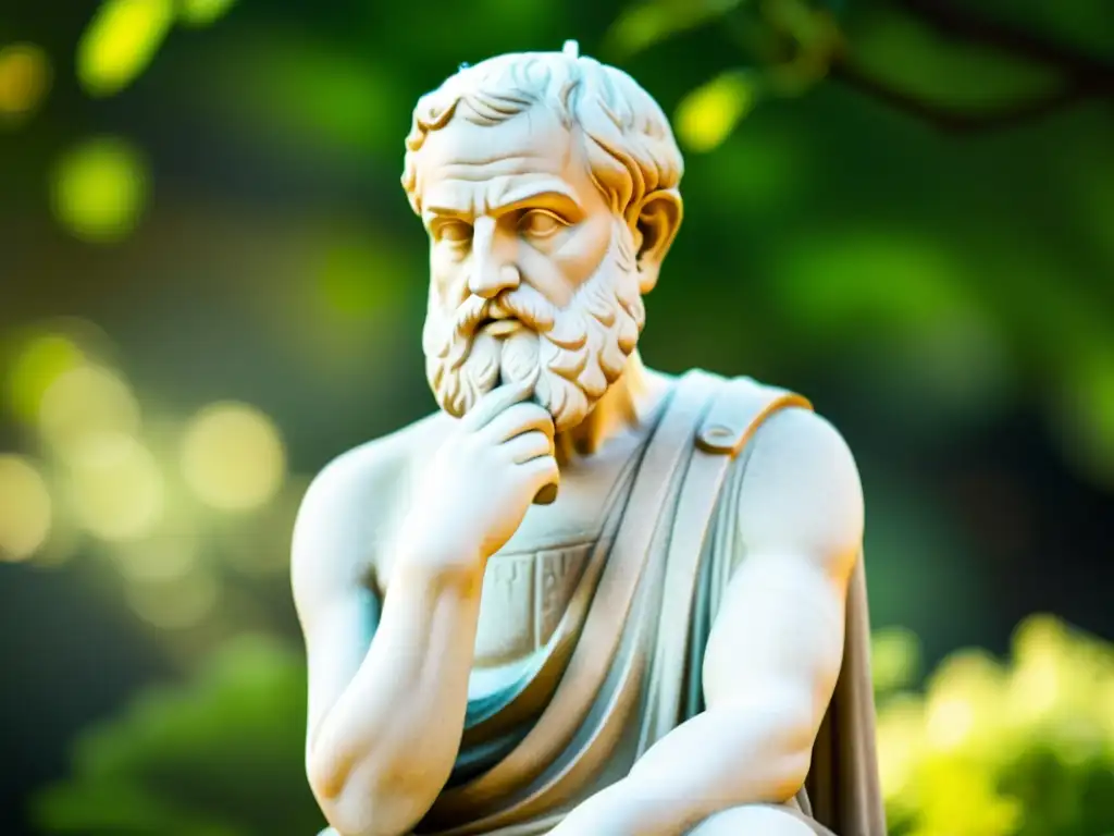 Estátua griega de filósofo en la naturaleza, transmite serenidad y sabiduría