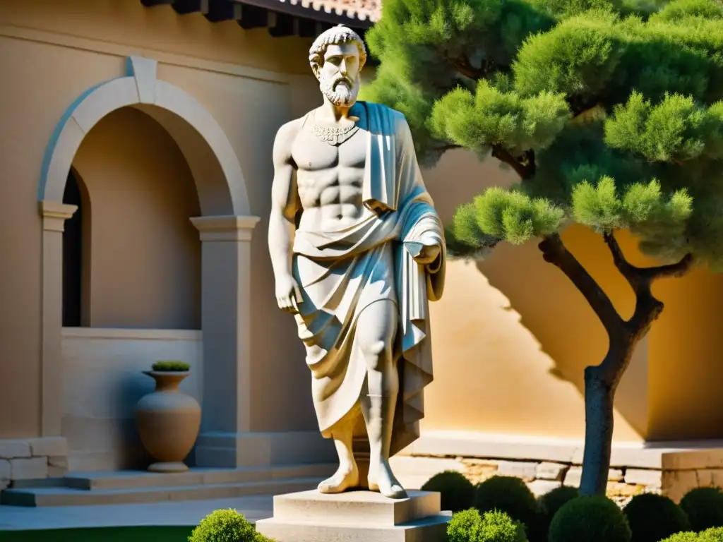Estátua griega de filósofo en un patio soleado, rodeada de naturaleza exuberante, evocando redescubrimiento de la Metafísica Filosofía