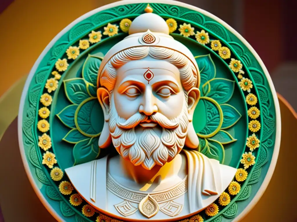 Estátua griega de Plato junto a mandala indio, simbolizando la comparación entre platonismo y Advaita Vedanta, en una imagen serena y vibrante