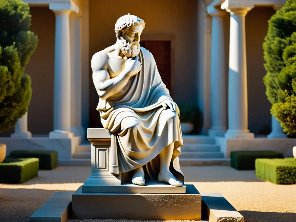 Estatua de filósofo griego antiguo en un patio soleado, evocando sabiduría y contemplación