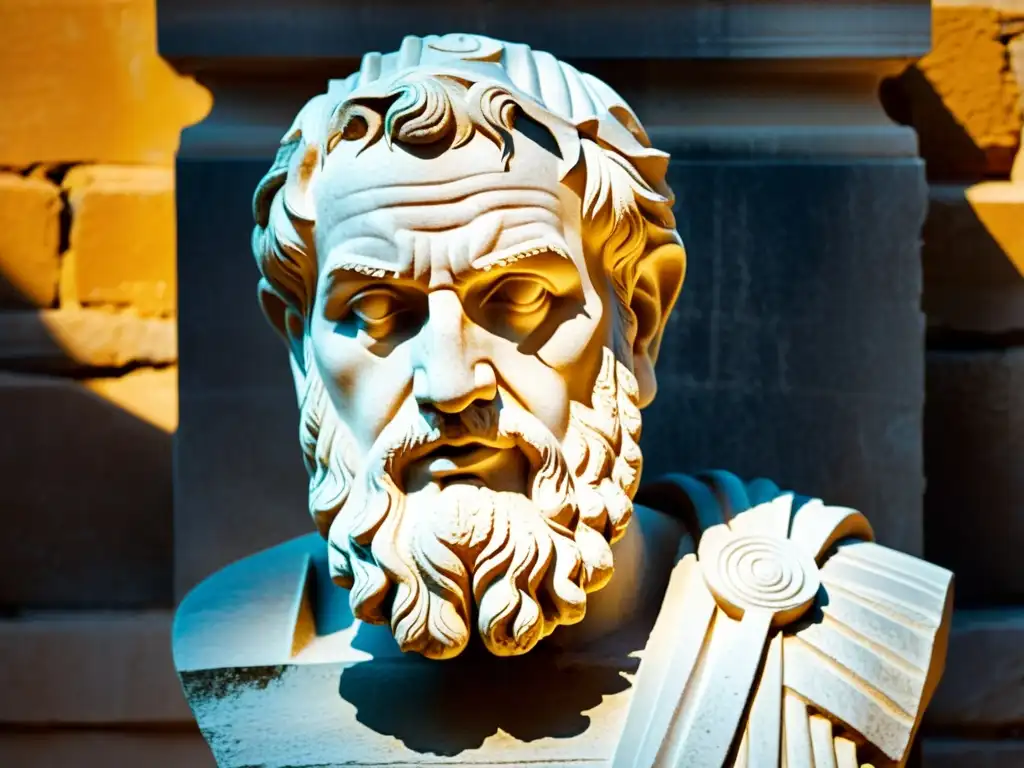 Estatua de mármol de filósofo griego en ruinas antiguas, evocando lecciones de filósofos griegos inversor
