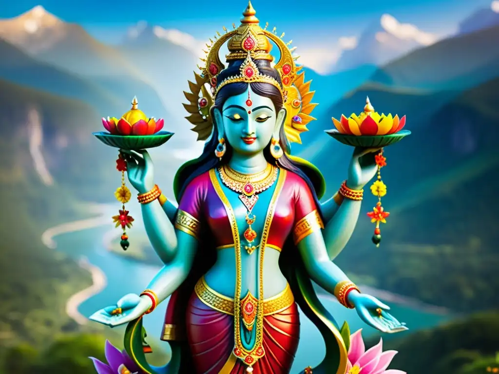 Estatua majestuosa de una diosa hindú, llena de color y poder, evocando los roles de la mujer en el Hinduismo