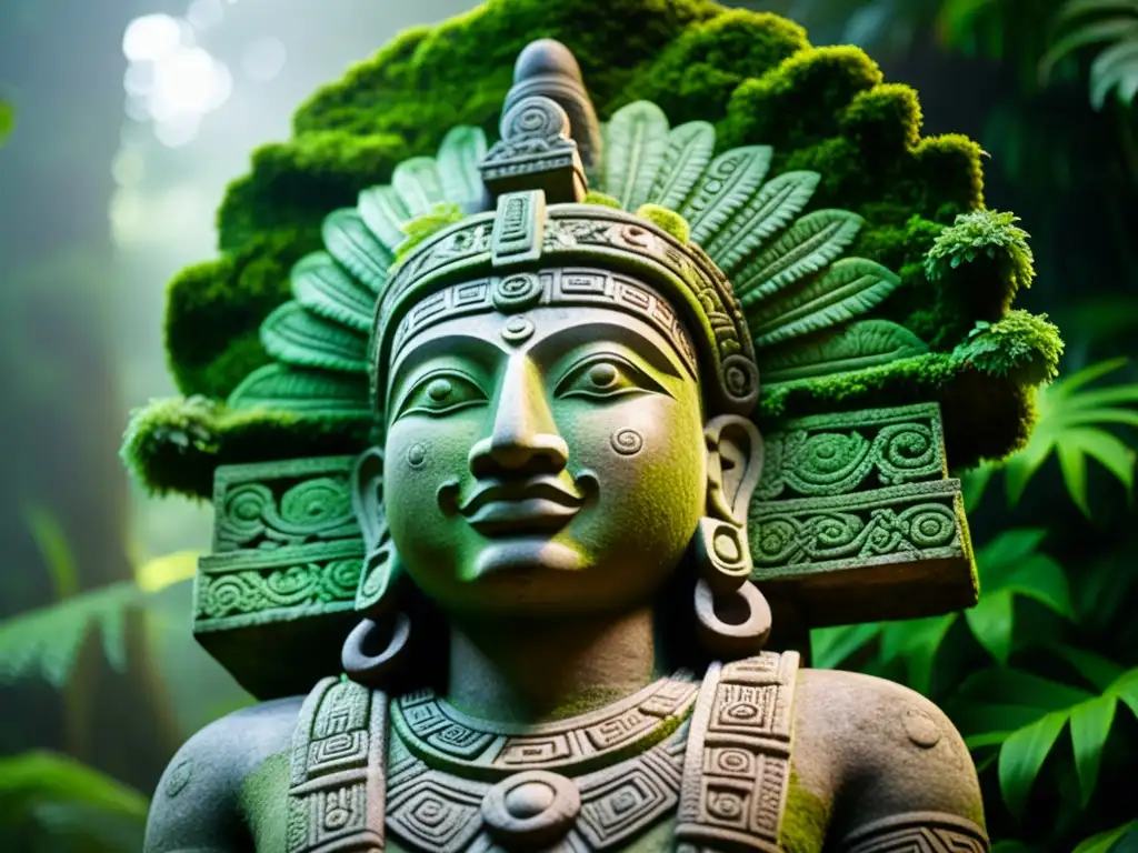 Estátua maya de piedra cubierta de musgo, rodeada de exuberante vegetación tropical