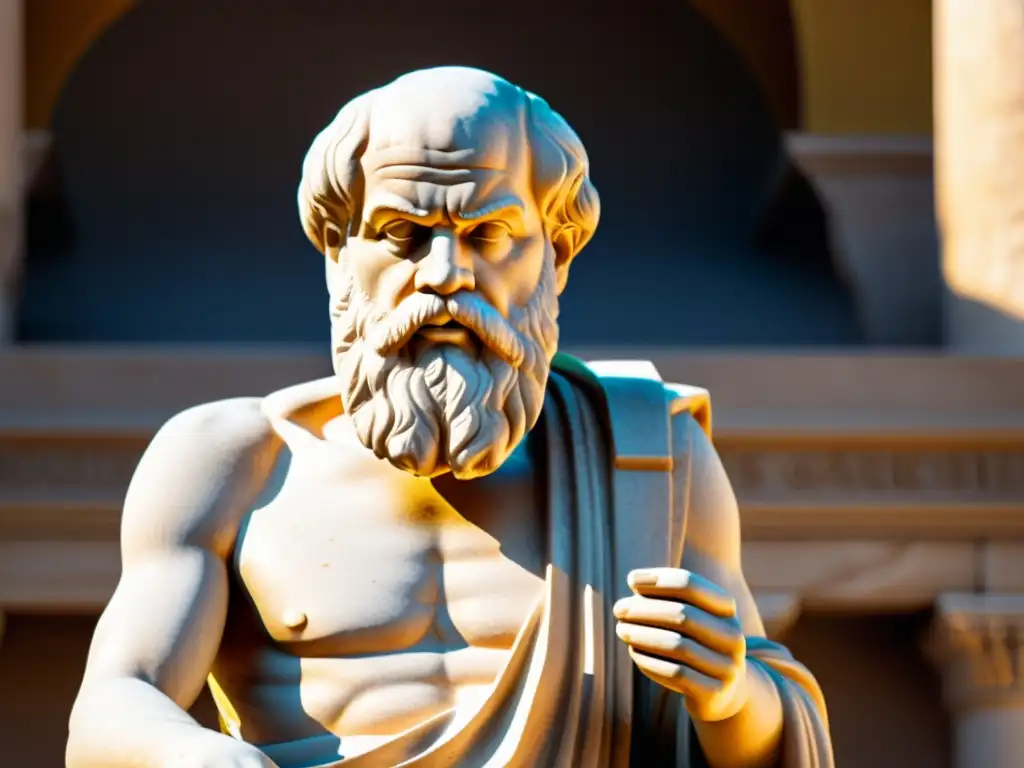 Estatua de mármol de Sócrates en mercado griego, iluminada por el sol