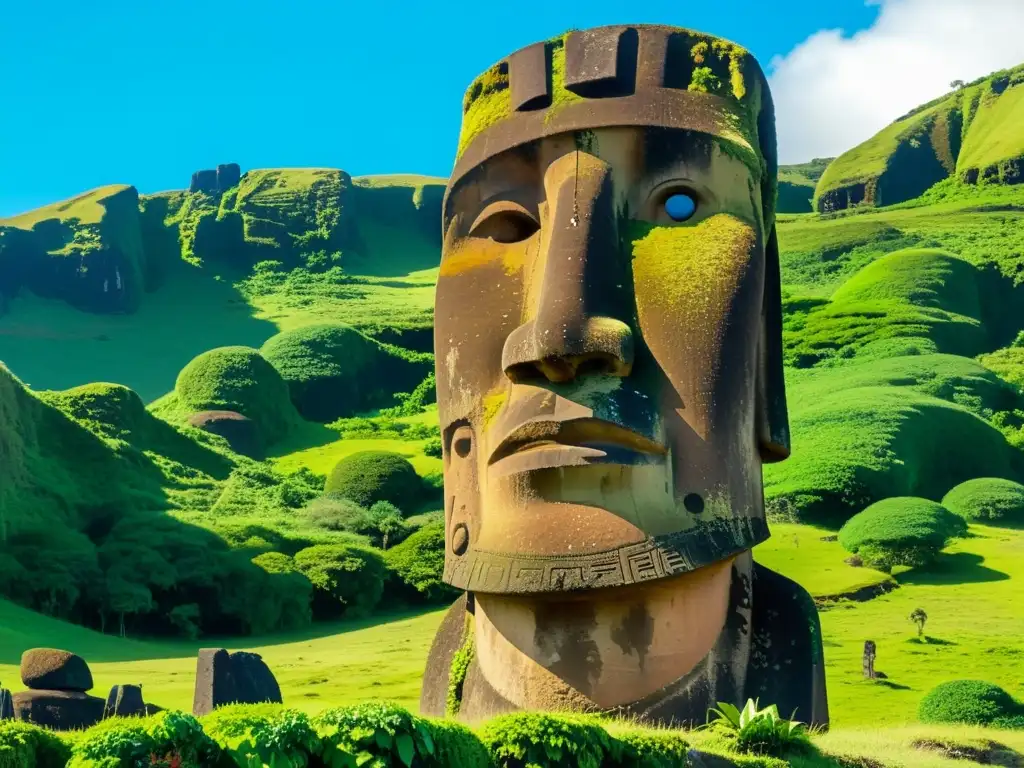 Una fotografía de alta resolución de una estatua moai bien conservada en la Isla de Pascua, evocando su valor espiritual en las culturas precolombinas