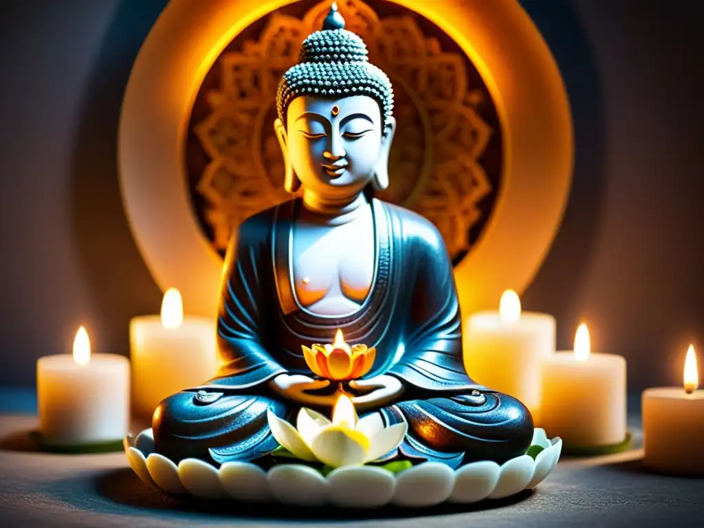Estatua del Buda en meditación, rodeada de ofrendas florales e incienso, iluminada por velas