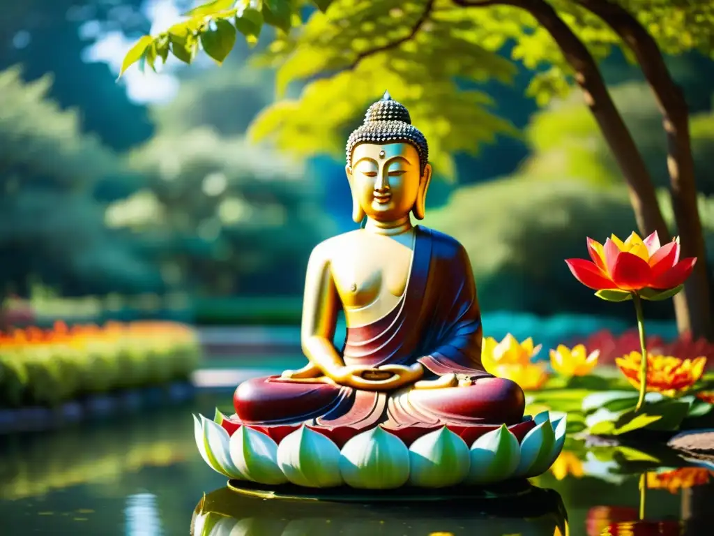 Estátua del Buda en jardín sereno con enseñanzas budistas para gestionar dolor