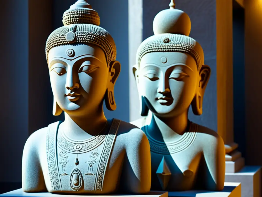 Dos estatuas antiguas de diferentes culturas, bañadas en luz natural, muestran los desafíos del sincretismo en filosofía
