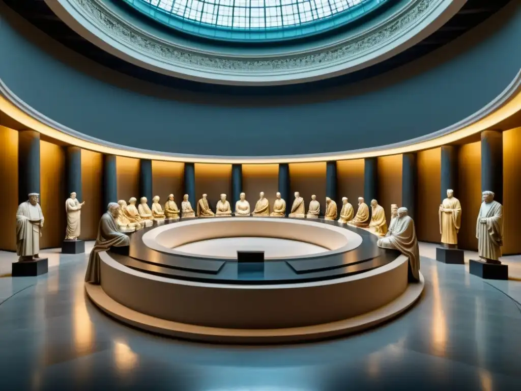 Estatuas de pensadores clásicos en museo majestuoso con simuladores de diálogos interactivos