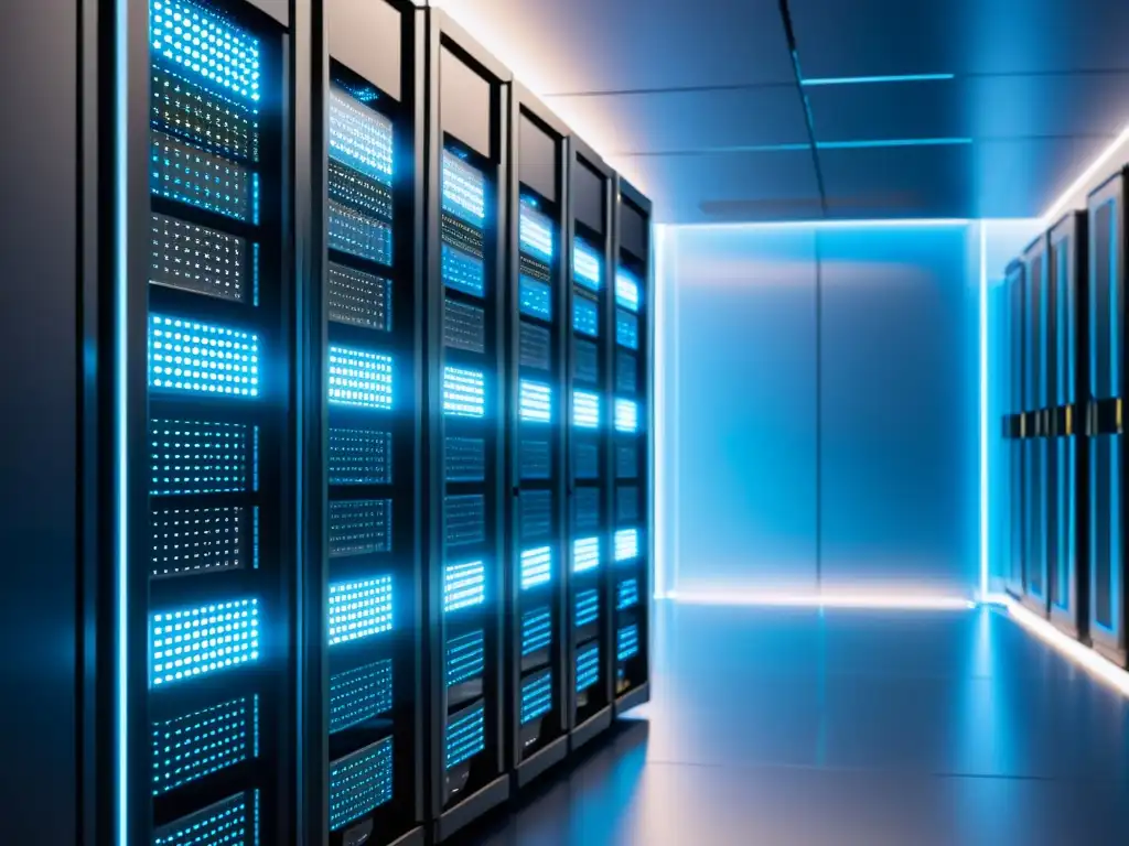 Estética de Blockchain Tecnología Distribuida: Imagen de servidores interconectados en un centro de datos moderno, bañados en una luz azul futurista