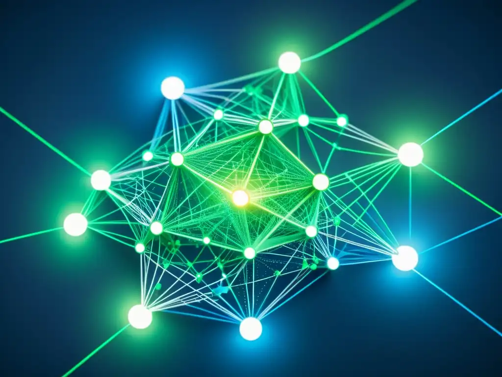 Estética de Blockchain Tecnología Distribuida: Red interconectada de nodos en tonos azules y verdes, con líneas simétricas y aspecto futurista