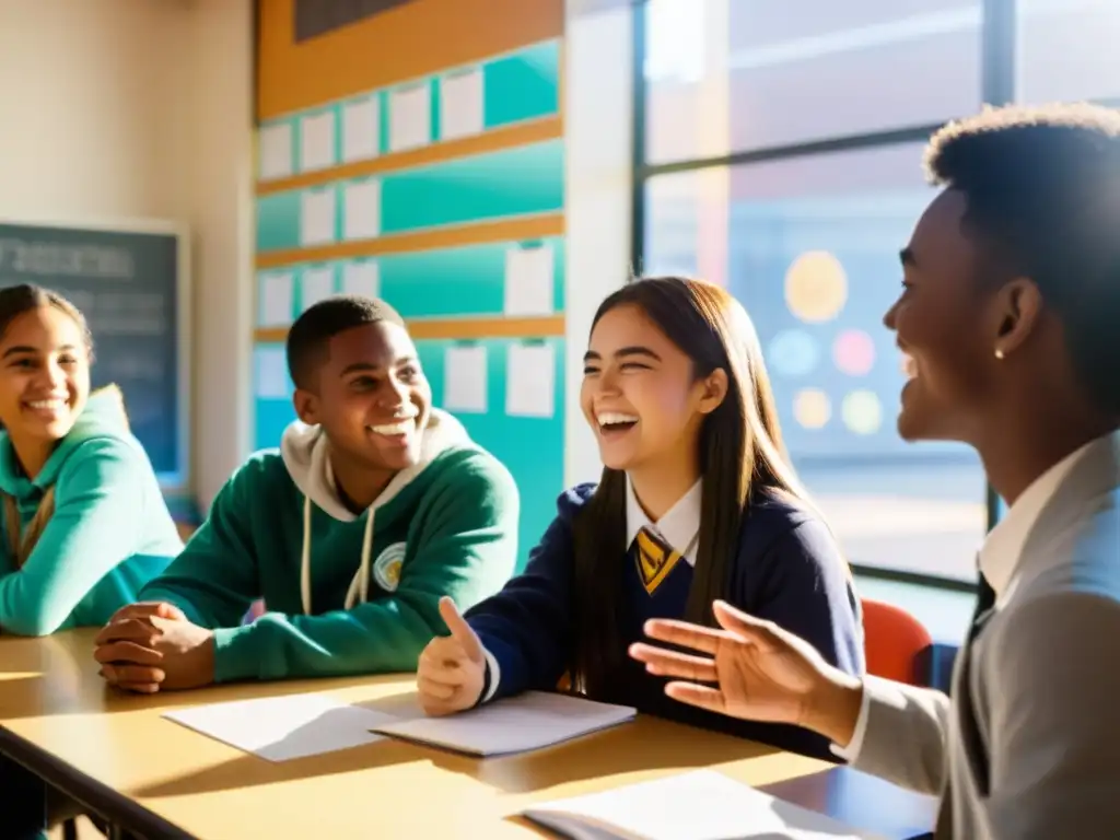 Estimulante debate filosófico entre estudiantes de secundaria y su profesor, en un aula llena de vitalidad y color