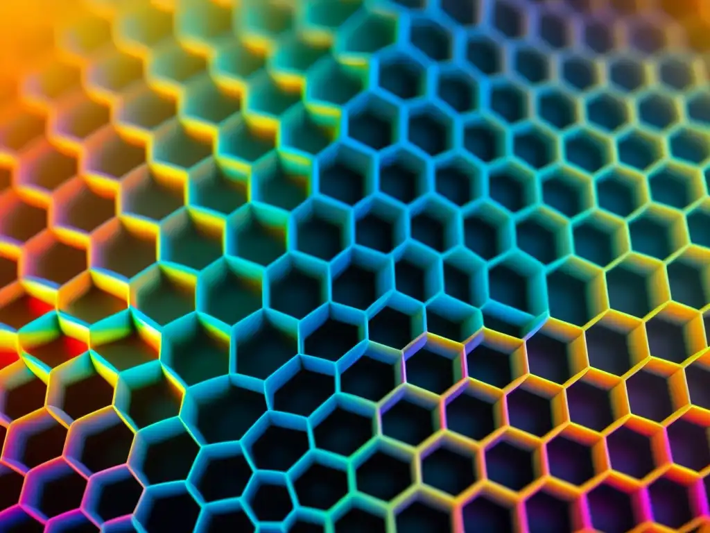 Una estructura de grafeno transparente con átomos de carbono dispuestos en un patrón hexagonal perfecto, reflejando una iridiscencia tipo arcoíris