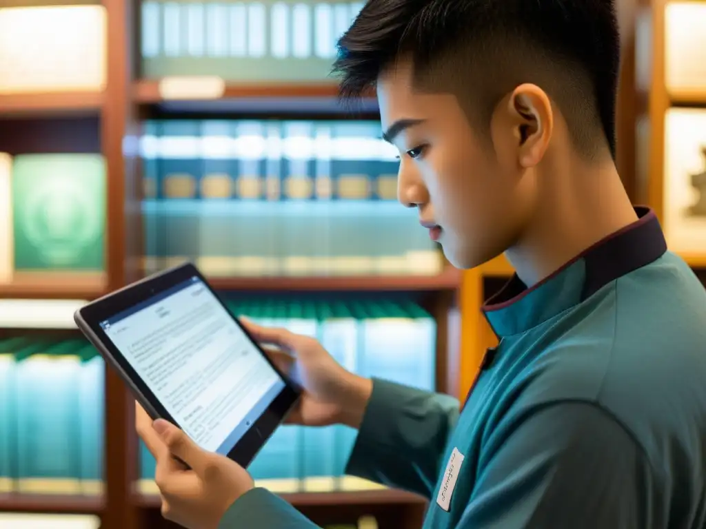 Un estudiante concentrado explora una app de filosofía asiática en una tablet, rodeado de libros