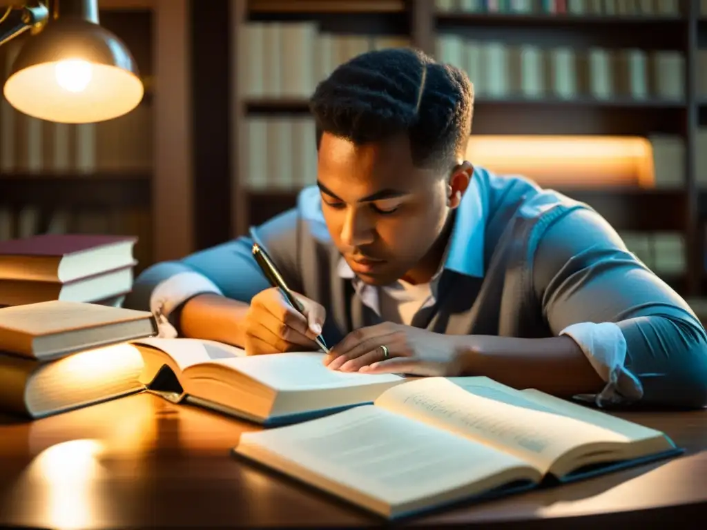 Un estudiante concentrado estudia rodeado de libros en un cálido ambiente iluminado por luz natural