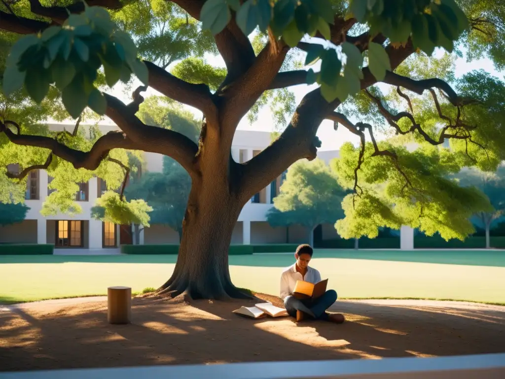 Estudiante reflexivo bajo un árbol en un patio iluminado por el sol, rodeado de libros y papeles