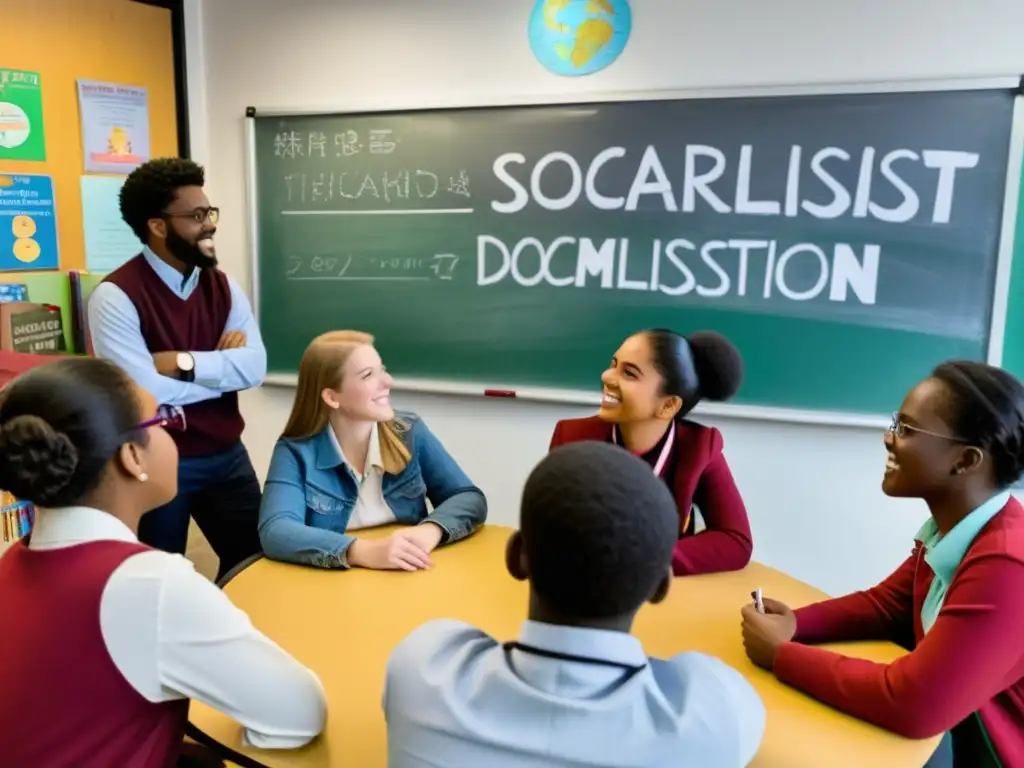 Estudiantes diversos participan en animada discusión en aula socialista, reflejando el impacto del socialismo en educación