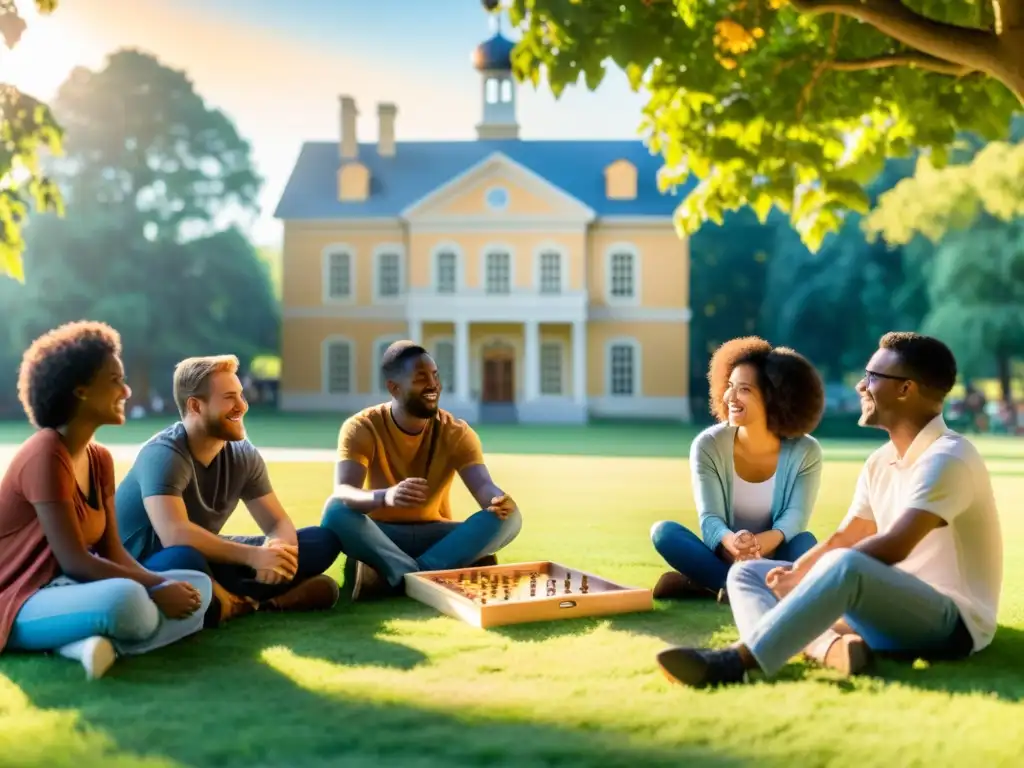 Juego filosófico en el campus: debate animado bajo el sol Estudiantes disfrutan de una animada discusión filosófica al jugar un juego de mesa, en un escenario idílico de campus
