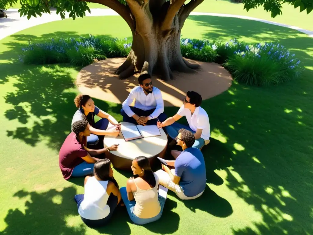 Estudiantes disfrutan de un animado debate bajo un árbol, rodeados de naturaleza exuberante