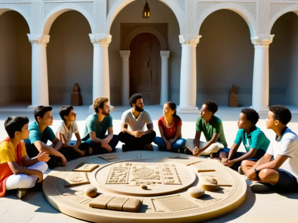 Estudiantes atentos escuchan a un sabio en un juego de estrategia de filosofía griega en un patio soleado