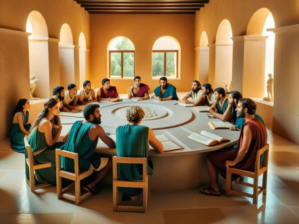 Platón enseña a estudiantes en un aula griega antigua, en un análisis profundo de La República, con atmósfera cálida e intelectual