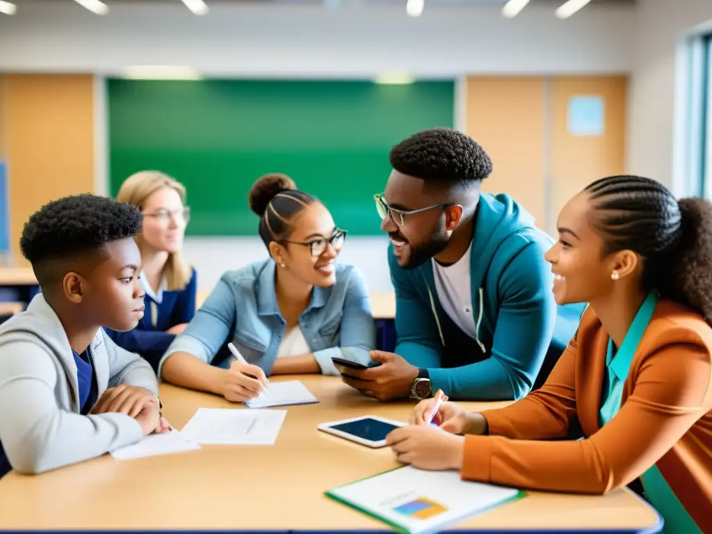 Estudiantes colaborando en un aula moderna, usando apps para desarrollar pensamiento crítico en actividades dinámicas de resolución de problemas