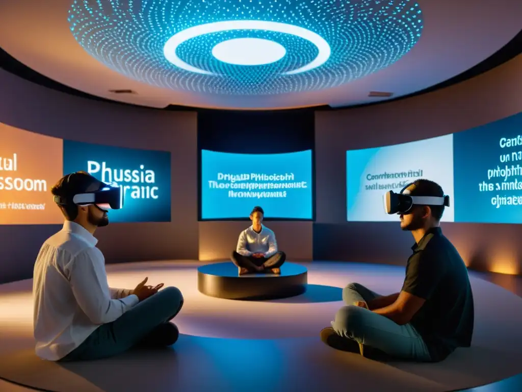 Estudiantes exploran filosofía en aula de realidad virtual con hologramas y citas, mostrando el poder educativo de los videojuegos