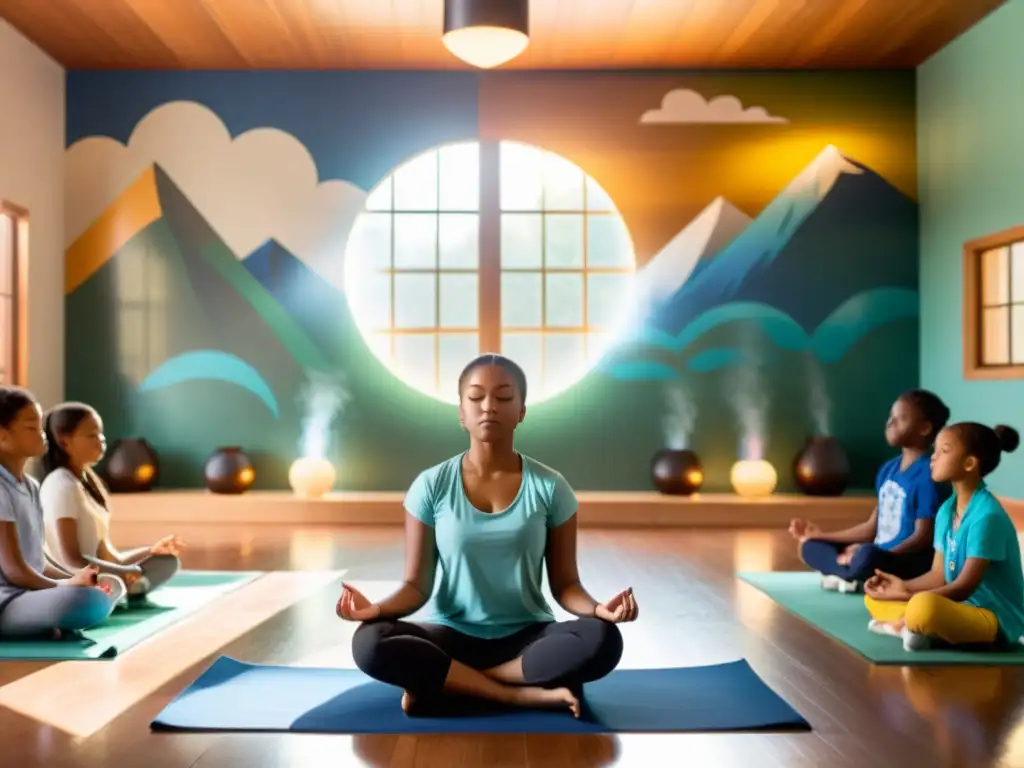 Estudiantes meditando en aula tranquila, incorporando filosofías orientales a la educación para promover paz interior y aprendizaje holístico