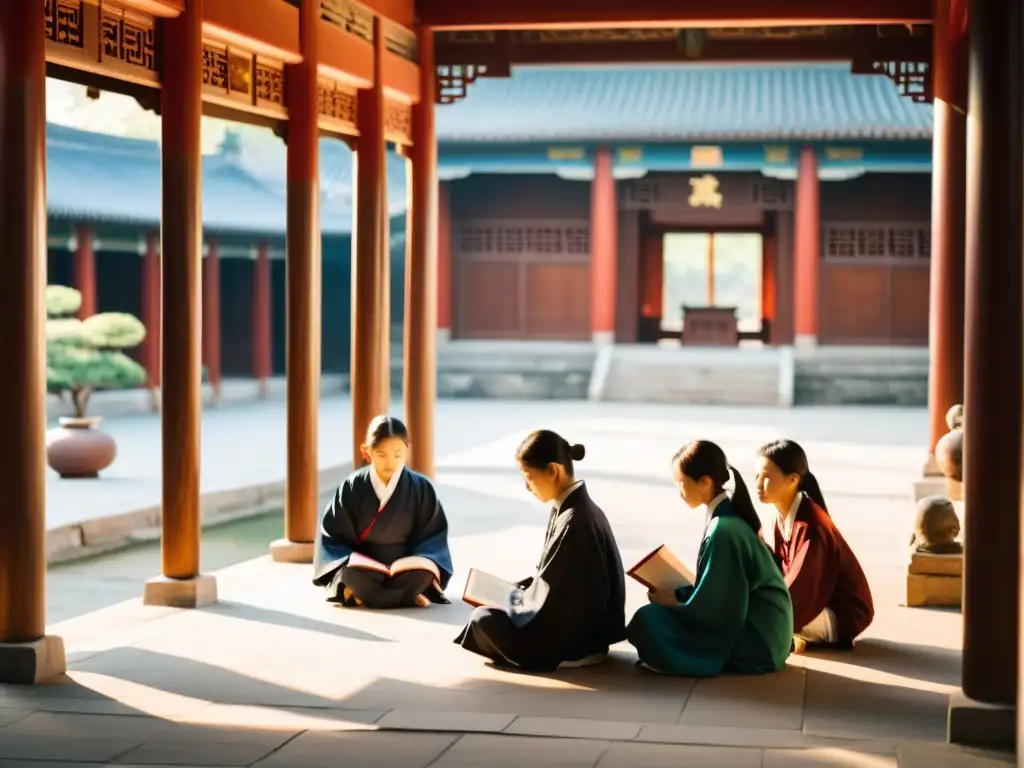 Estudiantes chinos estudian textos confucianos en un patio tradicional, mientras el sol ilumina la escena