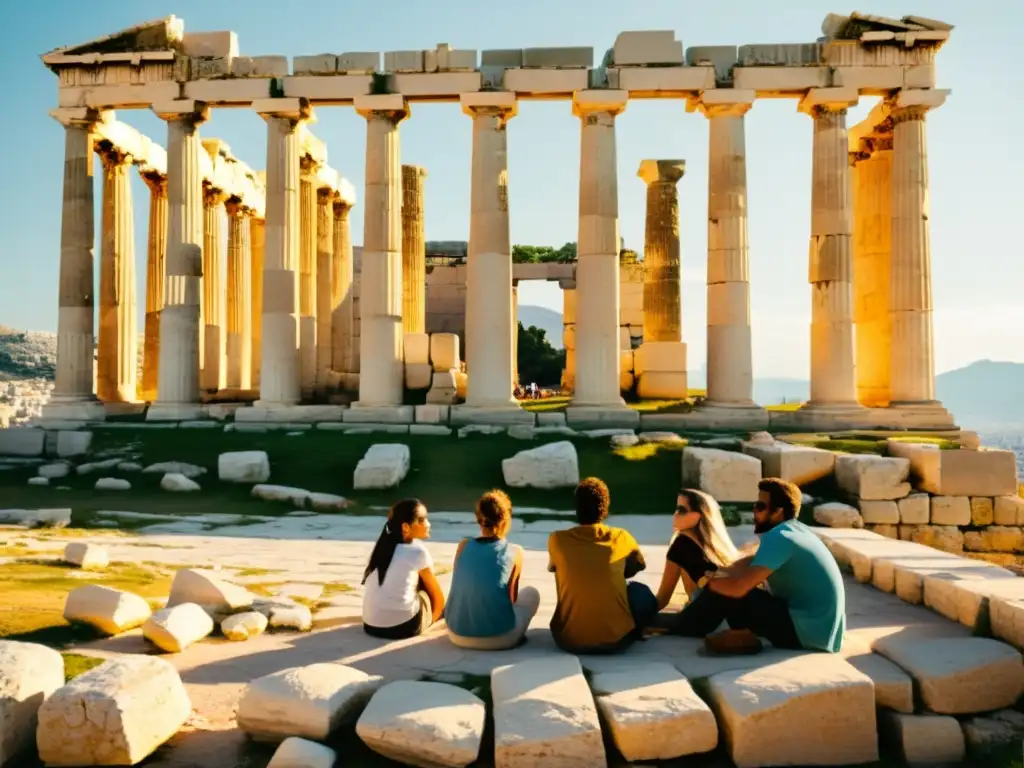 Estudiantes debaten en círculo junto a la Acrópolis, en una escena que evoca peregrinaciones filosóficas en la moderna Grecia