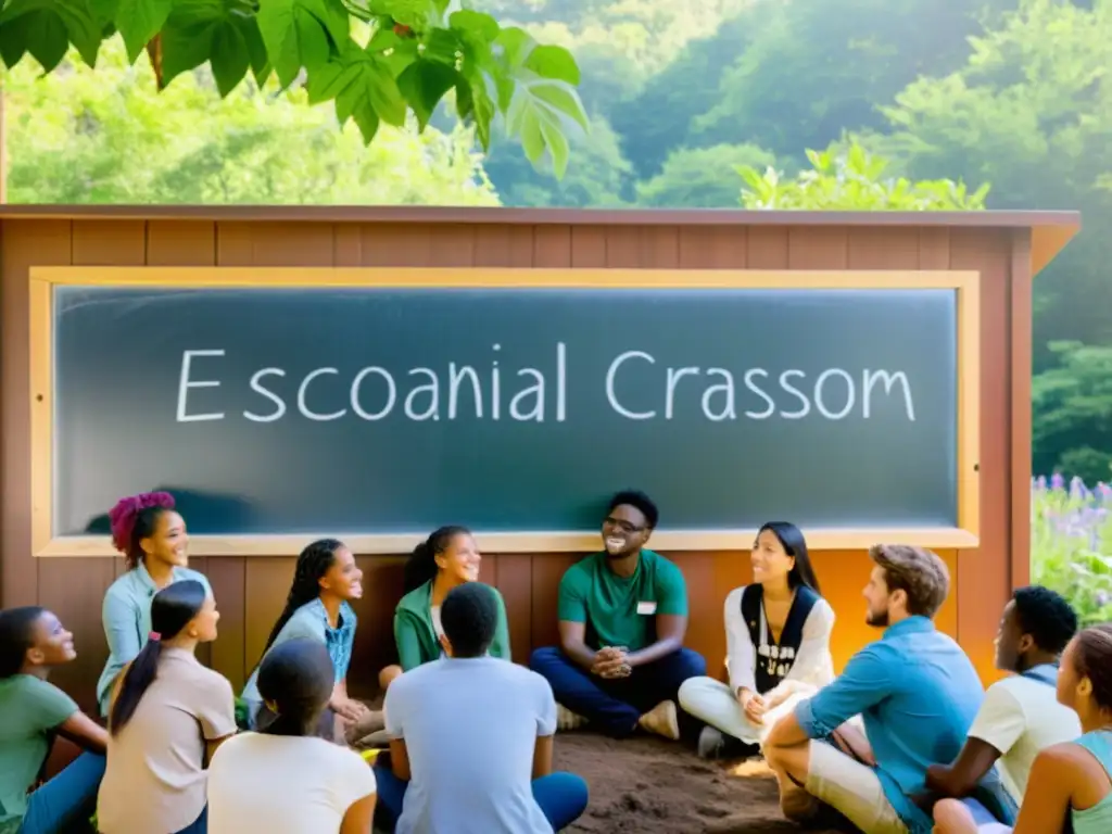 Estudiantes debaten sobre conciencia ecológica en un aula al aire libre rodeados de naturaleza exuberante y flores silvestres coloridas