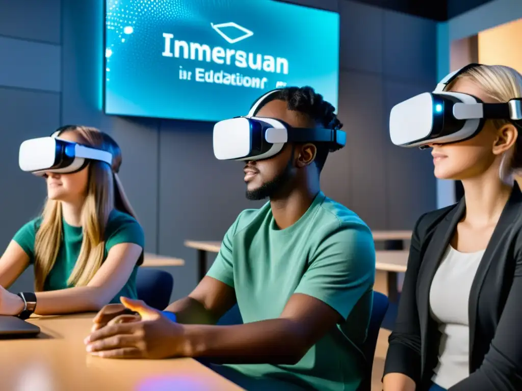 Estudiantes inmersos en aulas virtuales futuristas, con tecnología holográfica y colaboración