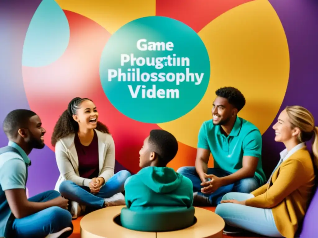 Estudiantes inmersos en un juego educativo de filosofía, expresando intensa curiosidad intelectual