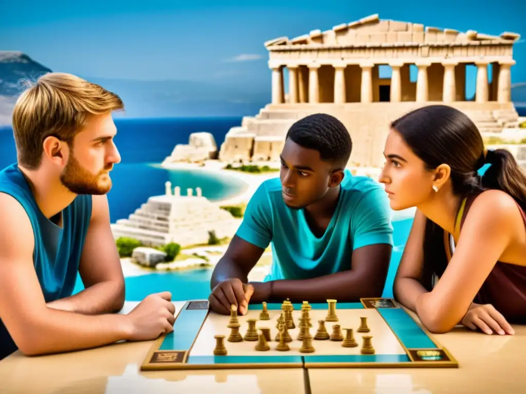 Estudiantes inmersos en juegos de estrategia y filosofía griega, rodeados de símbolos antiguos y arquitectura griega, bañados en cálida luz natural