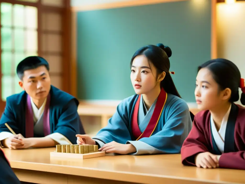 Estudiantes inmersos en juegos filosóficos sobre Confucio, expresiones animadas y contemplación académica