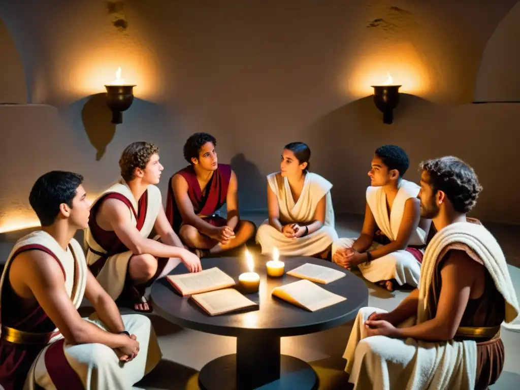 Estudiantes inmersos en juegos de rol filosóficos para explorar la antigua Grecia, debatiendo en togas con libros antiguos a su alrededor