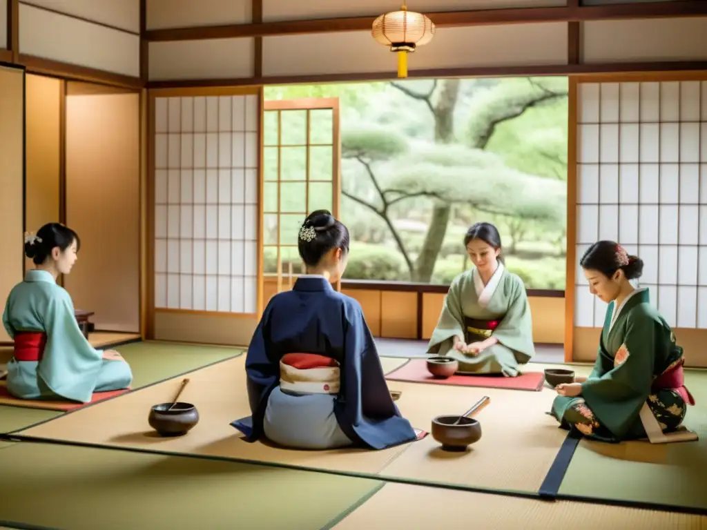 Estudiantes vistiendo kimono en una ceremonia del té japonesa, practicando la filosofía asiática en una atmósfera serena