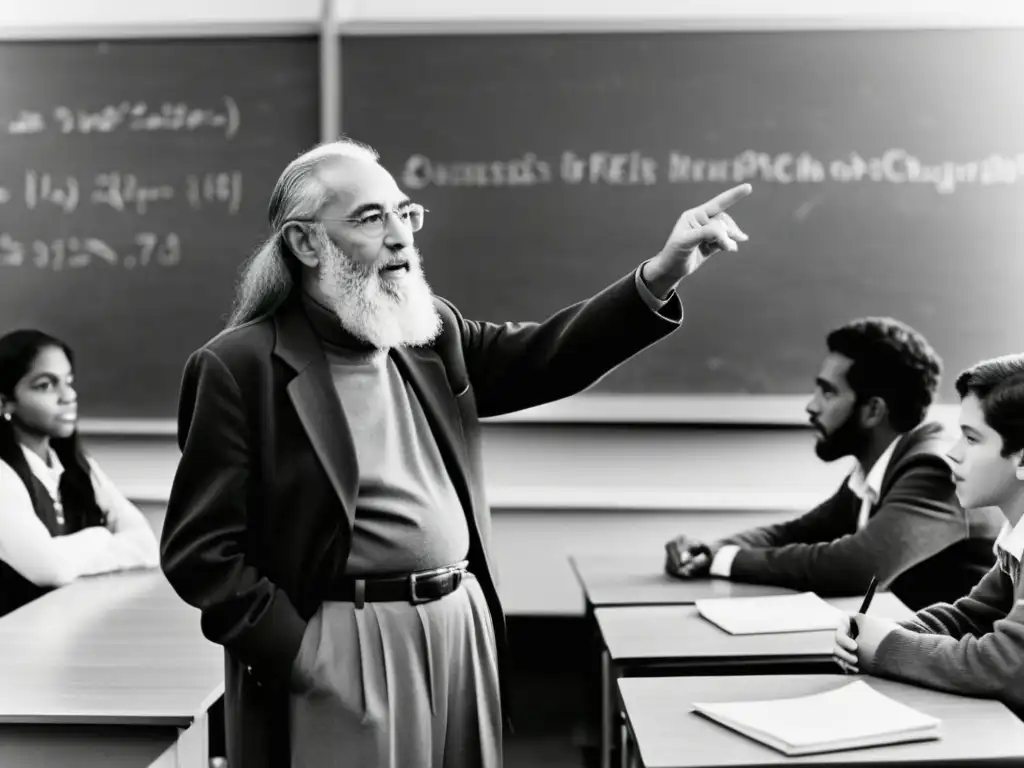 'Paulo Freire inspira a sus estudiantes con su legado filosófico de empoderamiento y diálogo en un aula dinámica en blanco y negro