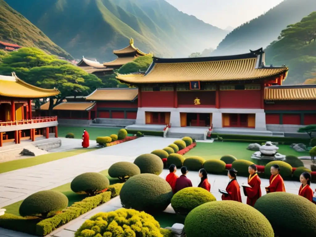 Estudiantes y maestro en academia confuciana en medio de paisaje montañoso neblinoso, reflejando la importancia del Confucianismo en educación