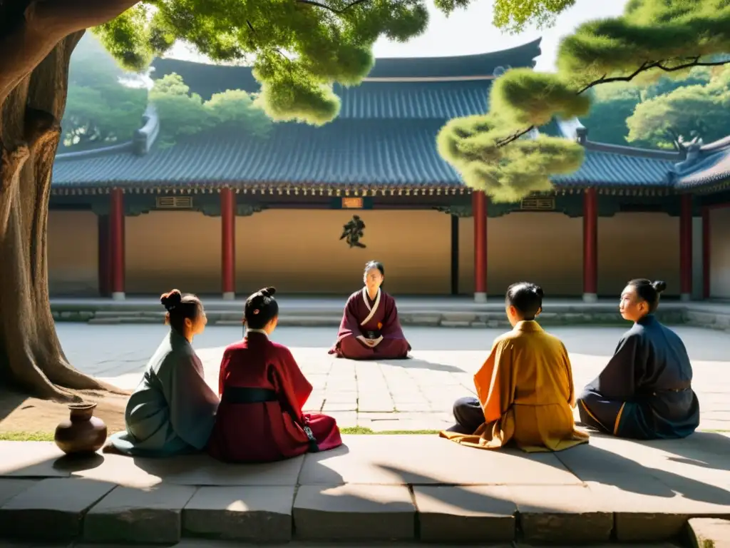 Estudiantes y maestro discuten en un tranquilo patio, reflejando la importancia del Confucianismo en educación