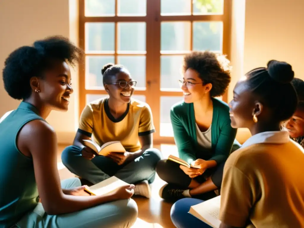 Intercambio de ideas: Estudio postcolonial en diversidad Estudiantes debaten postcolonialismo, con libros y notas, bajo la cálida luz del sol