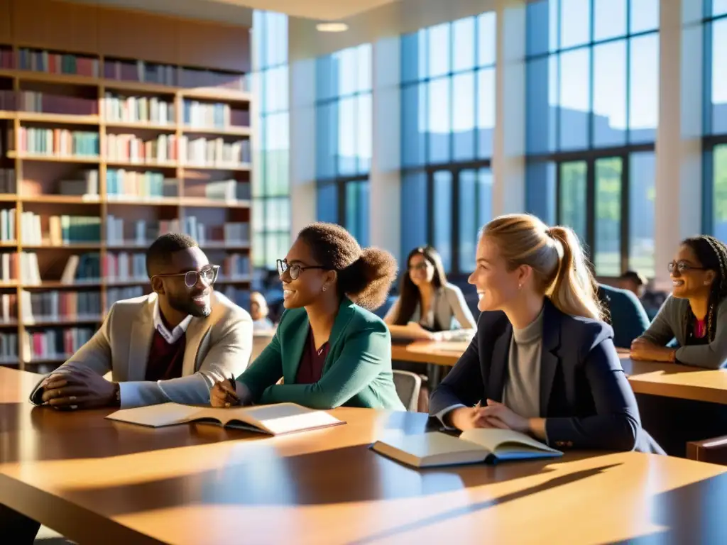 Estudiantes y profesores debaten en biblioteca universitaria, reflejando la interdisciplinariedad en la educación superior