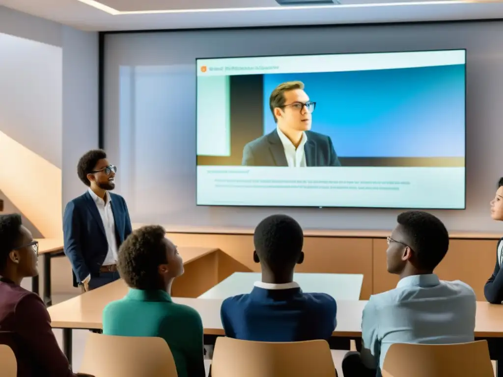 Estudiantes interactúan con un simulador de diálogos con pensadores clásicos interactivos en moderna aula tecnológica