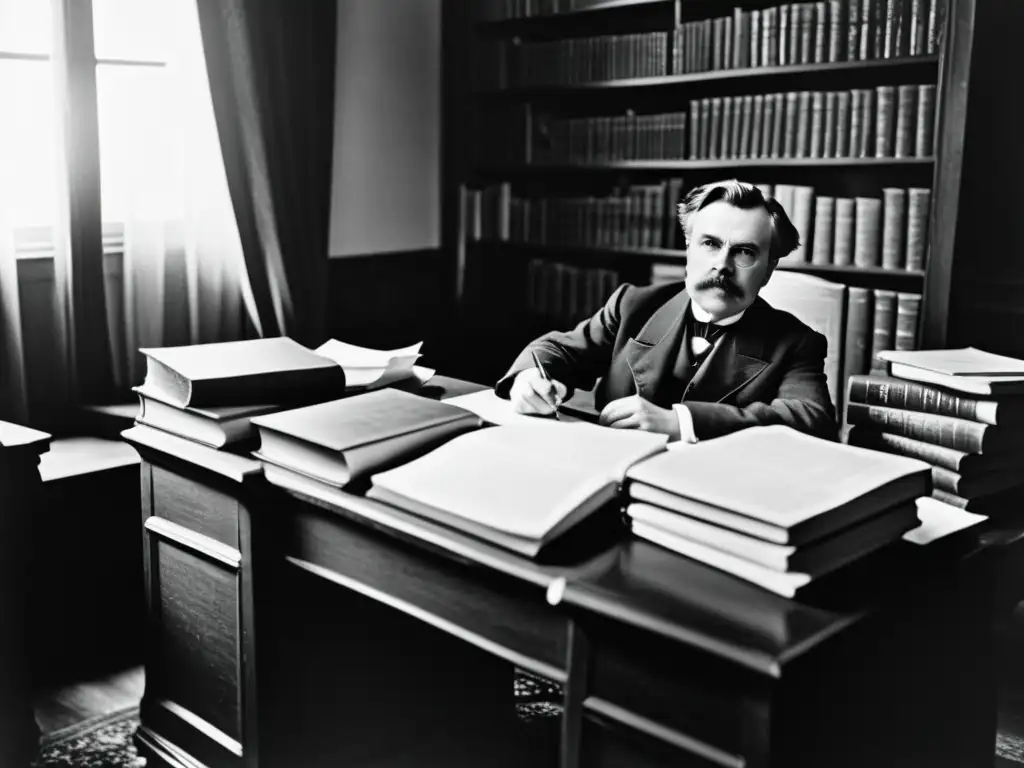 Estudio desordenado de Nietzsche, con libros y papeles, iluminado por la luz del sol
