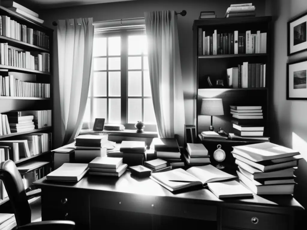 Un estudio desordenado repleto de libros y papeles, iluminado por una lámpara
