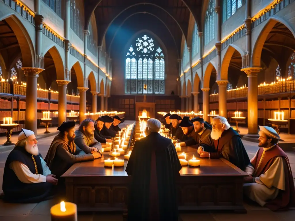 Estudio filosófico de las consecuencias de las Cruzadas en una biblioteca medieval iluminada por velas